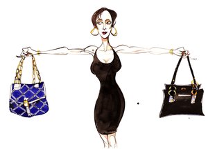 Segni dello Zodiaco: Bilancia che bilancia borse da una serie di caricature di moda, una per ogni segno dello zodiaco da Neale Osborne